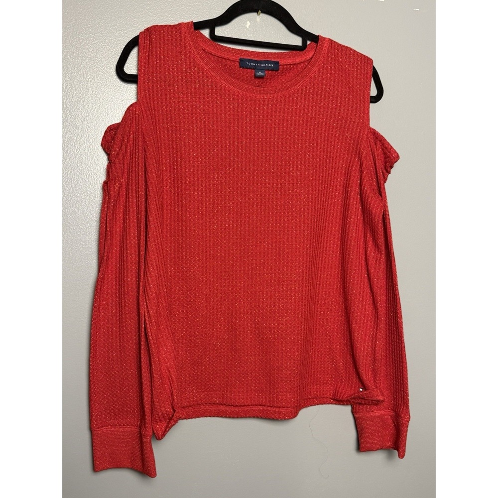 Tommy Hilfiger Women's Red Metallic Waffled Cold Shoulder Shirt XL